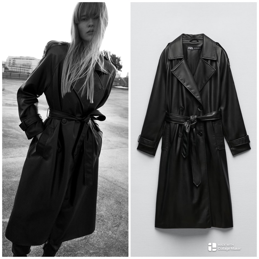 Zara Black Faux Leather Trench Coat